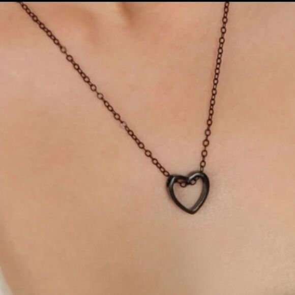 Hollow Heart, Trendy Black Coated Metal Necklace - Picture 11 of 15